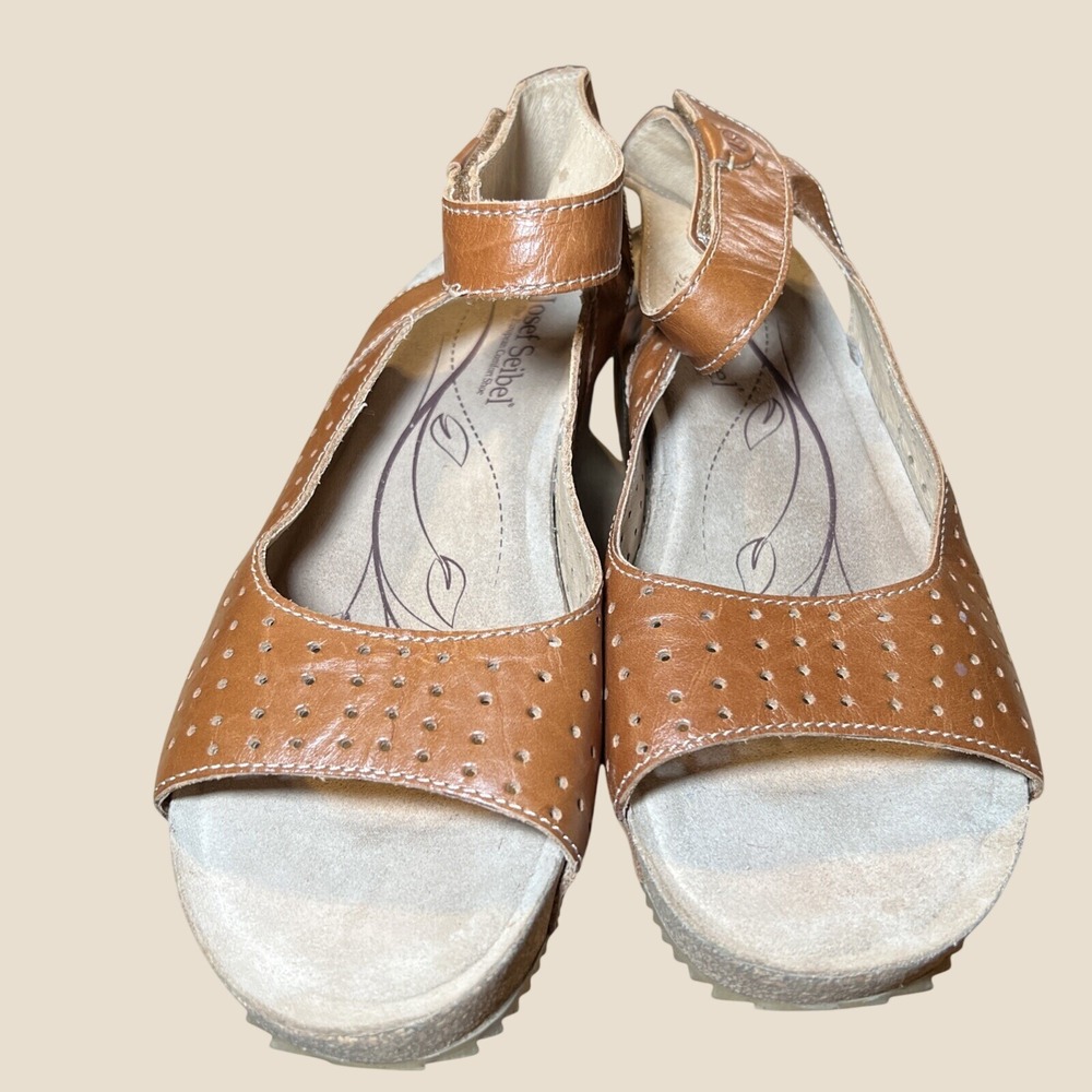 Josef Seibel Wedge Sandals Women 42 Brown Leather Perforated Boho Comfort Shoes
